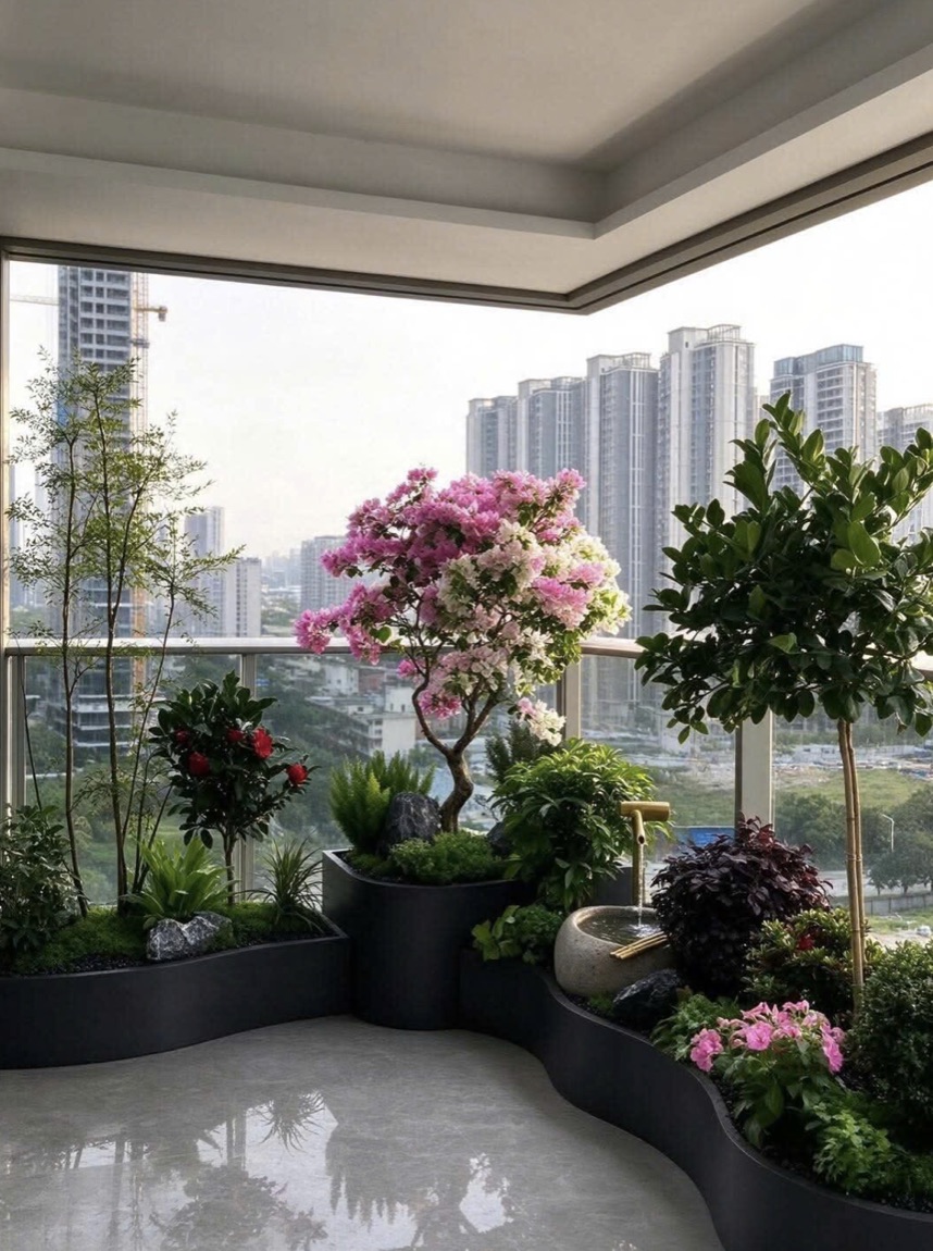 Ban công góc chung cư: bồn đen uốn cong, hoa giấy, cây lựu, thác nước ống tre, lan can kính