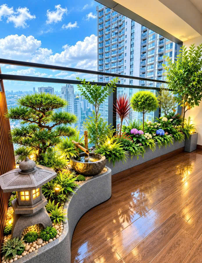 Ban công phong cách Nhật Bản với bonsai, đèn đá và sỏi trắng
