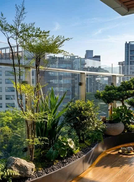 Ban công căn hộ tầng cao với cây xanh và tầm nhìn thành phố
